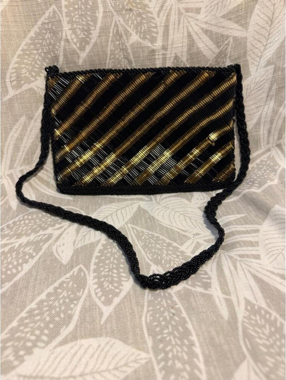 Vintage Magid Black Gold Beaded Evening Bag 1950s Bugle Bead Cocktail Purse